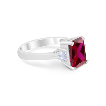 Three Stone Wedding Ring Emerald Cut Simulated Ruby CZ 925 Sterling Silver